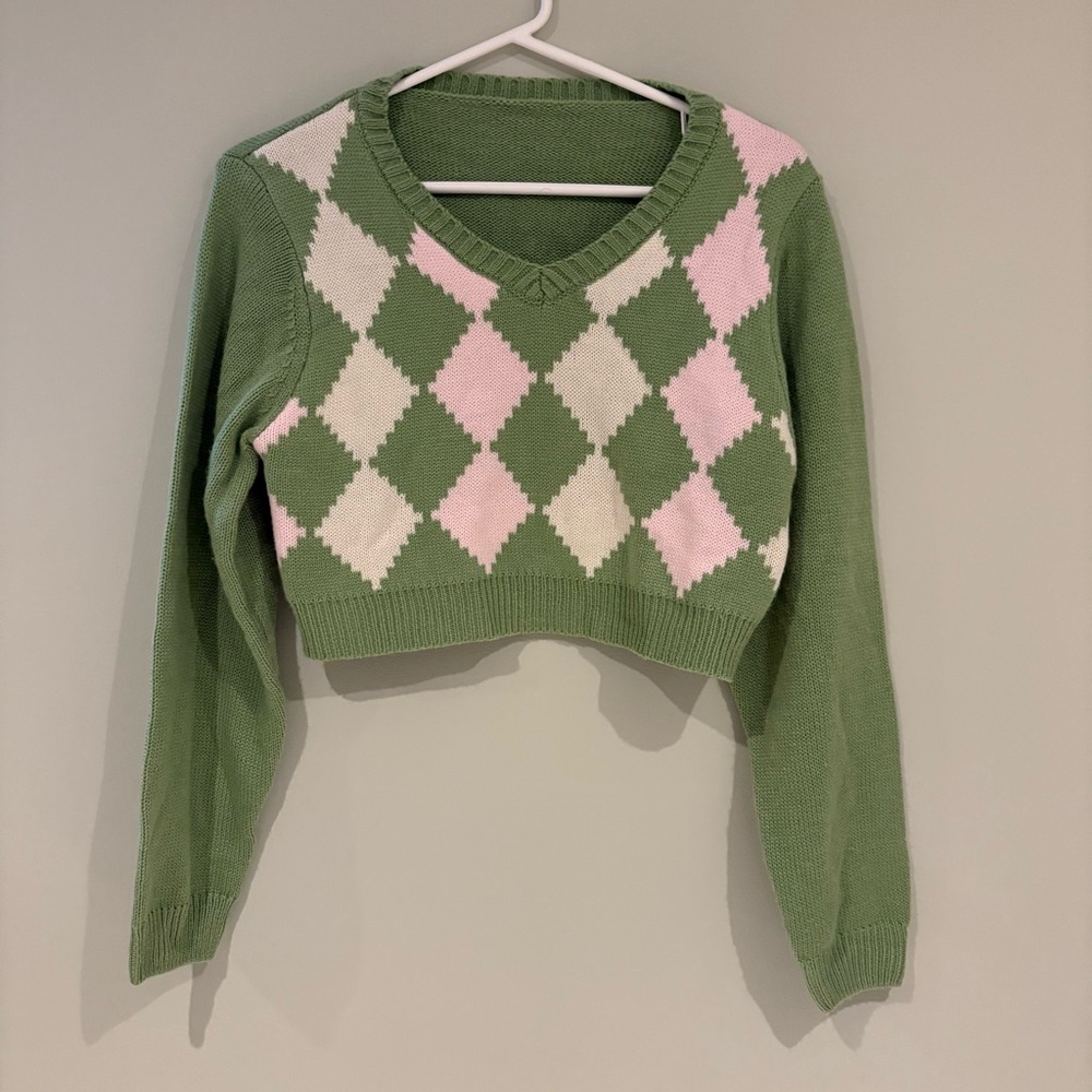 Y2K Clueless Vibes Argyle Green and Cream Knit Cropped Sweater